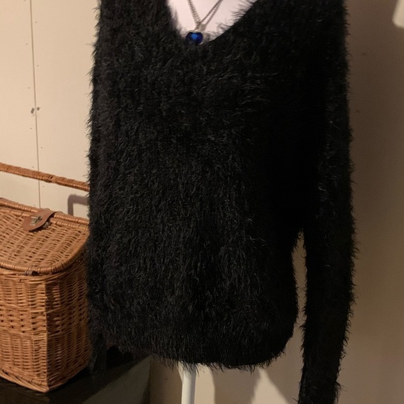 Love Tree Fuzzy Black Twist Knot Back Sweater - Picture 2 of 10